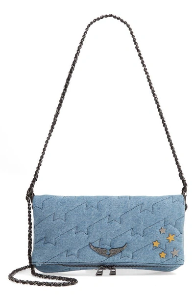 Shop Zadig & Voltaire Small Rocky Quilted Denim Shoulder Bag In Jeans