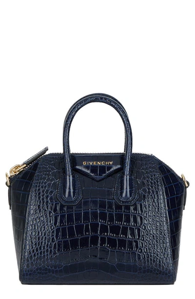 Shop Givenchy Mini Antigona Croc Embossed Calfskin Leather Satchel In Navy