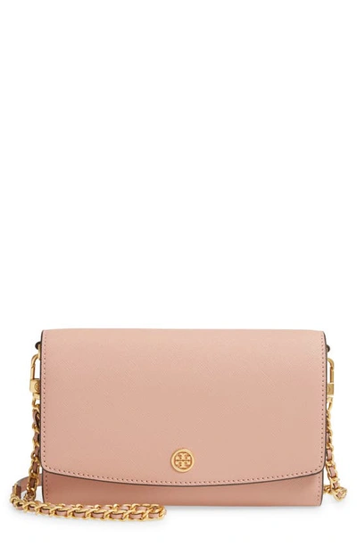 Shop Tory Burch Robinson Leather Wallet On A Chain In Pink Moon/ Rolled Brass