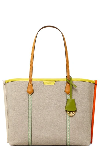 Shop Tory Burch Perry Canvas Tote In Natural/ Tory Navy