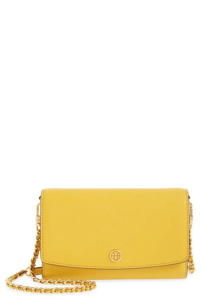 Shop Tory Burch Robinson Leather Wallet On A Chain In Golden Crest/ Rolled Brass