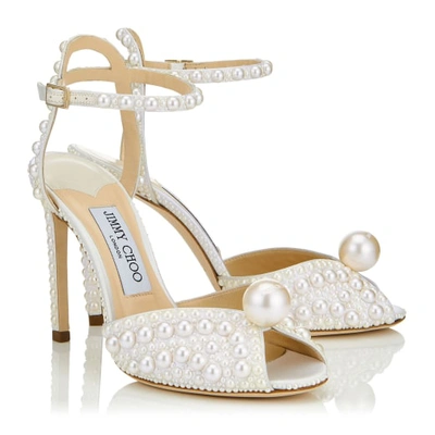 Jimmy Choo Sacora 100 All-over Pearl Sandals In Satin In Neutral