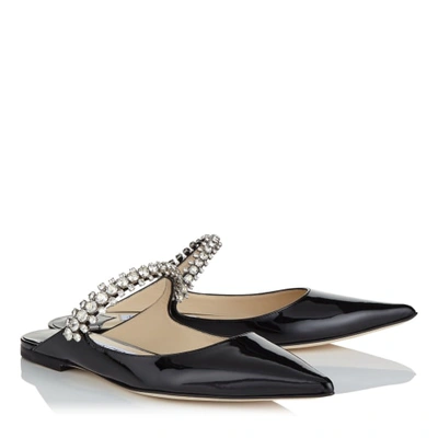 BING FLAT Black Patent Leather Mules with Crystal Strap