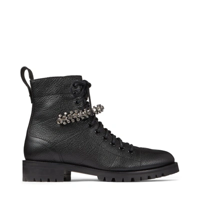 CRUZ FLAT Black Grainy Leather Combat Boots with Crystal Detailing