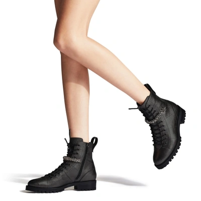 CRUZ FLAT Black Grainy Leather Combat Boots with Crystal Detailing