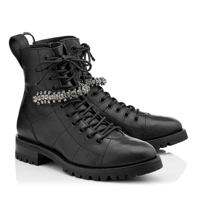 CRUZ FLAT Black Grainy Leather Combat Boots with Crystal Detailing