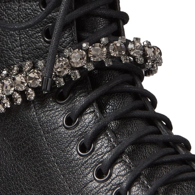 CRUZ FLAT Black Grainy Leather Combat Boots with Crystal Detailing