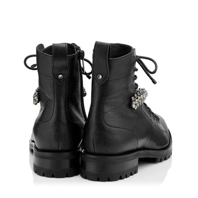 CRUZ FLAT Black Grainy Leather Combat Boots with Crystal Detailing