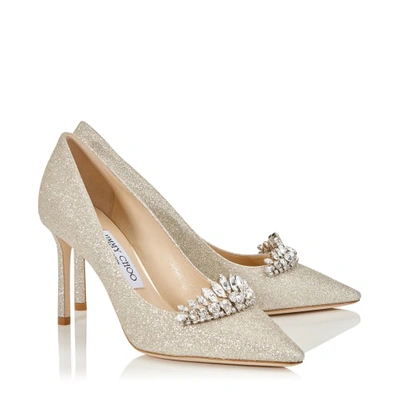 ROMY 85 Platinum Ice Dusty Glitter Pointy Toe Pumps with Crystal Tiara