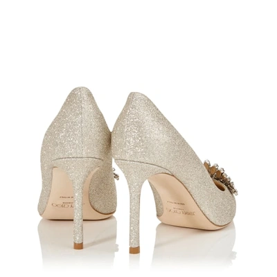 ROMY 85 Platinum Ice Dusty Glitter Pointy Toe Pumps with Crystal Tiara