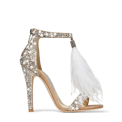 VIOLA 110 White Suede and Hot Fix Crystal Embellished Sandals with an Ostrich Feather Tassel