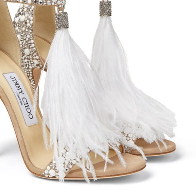 VIOLA 110 White Suede and Hot Fix Crystal Embellished Sandals with an Ostrich Feather Tassel