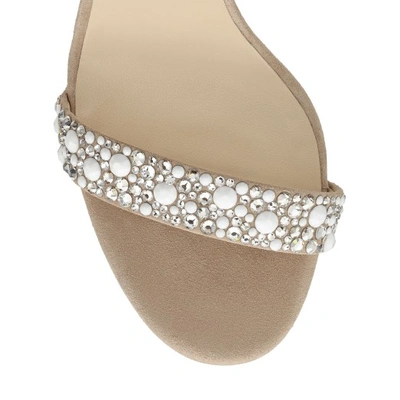 VIOLA 110 White Suede and Hot Fix Crystal Embellished Sandals with an Ostrich Feather Tassel