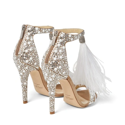VIOLA 110 White Suede and Hot Fix Crystal Embellished Sandals with an Ostrich Feather Tassel