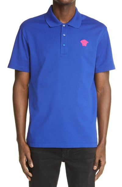 Shop Versace Medusa Applique Cotton Polo Shirt In Blue Fuxia