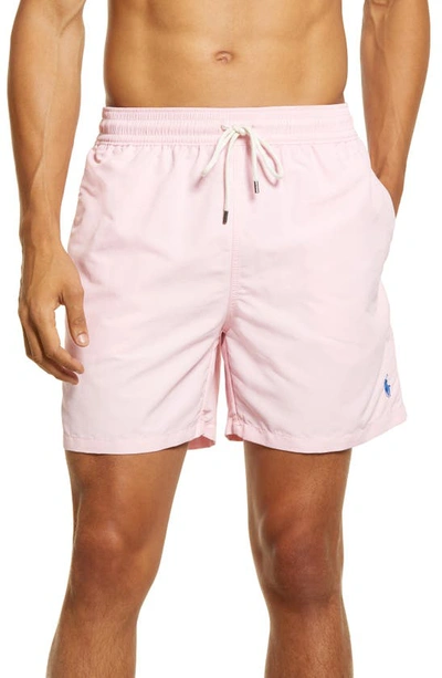 Shop Polo Ralph Lauren Traveler Solid Swim Trunks In Carmel Pink