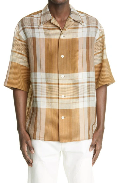 Shop Lemaire Plaid Cotton & Linen Button-up Camp Shirt In 125 Light Yellow W/ Light Blue