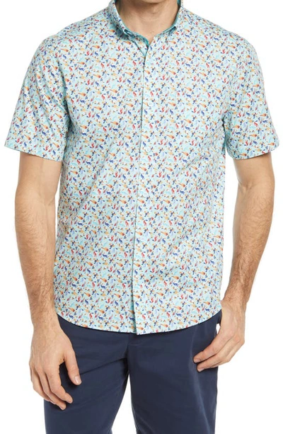 Shop Johnston & Murphy Toucan Print Short Sleeve Button-down Shirt In Aqua