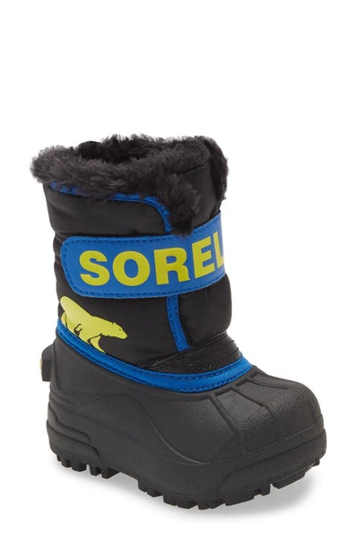 Shop Sorel Snow Commander Insulated Waterproof Boot In Black/ Super Blue