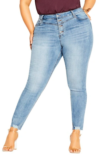 Shop City Chic Exposed Button Fly Skinny Jeans In Mid Denim