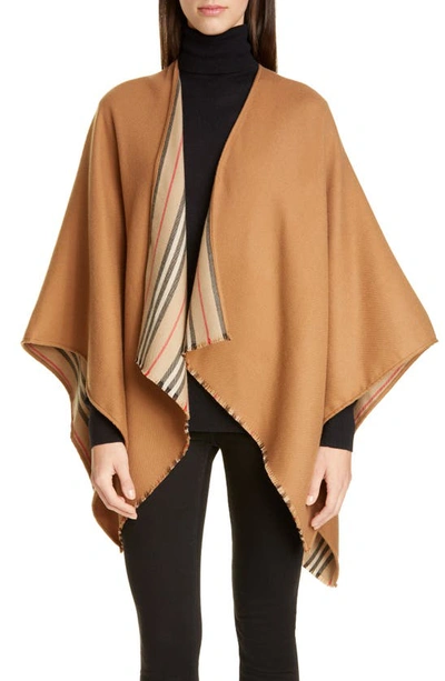 Shop Burberry Icon Stripe Reversible Wool Cape In Flaxseed