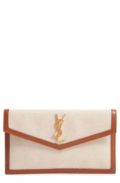 Shop Saint Laurent Uptown Canvas & Leather Clutch In Naturel/ Beige/ Black