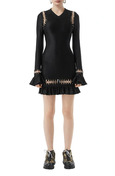 Shop Burberry Ring Embellished Ruffle Long Sleeve Minidress In Black