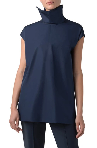 Shop Akris Adjustable Neck Cotton Poplin Blouse In Navy