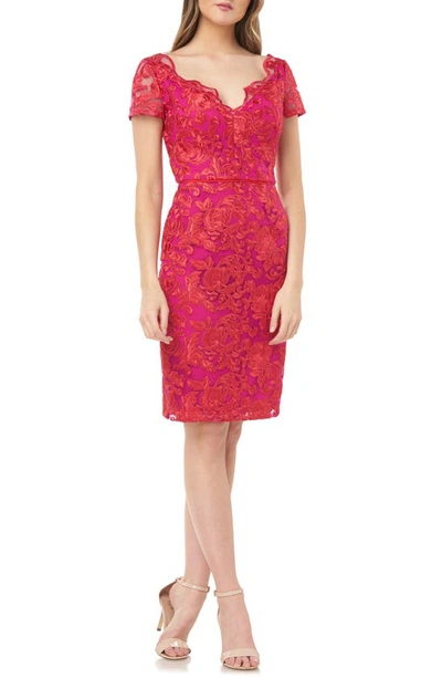 Shop Js Collections Embroidered Scalloped V-neck Mesh Dress In Hot Pink Red