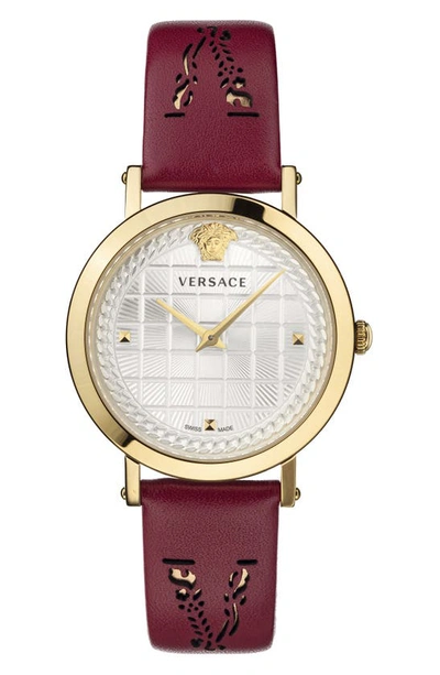 Shop Versace Virtus Texture Dial Leather Strap Watch, 37mm In Red/ White/ Gold