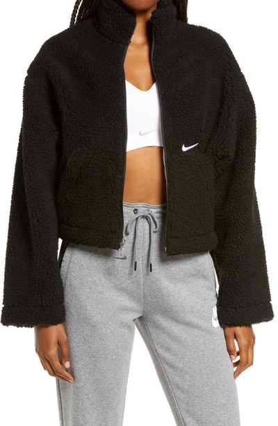 Shop Nike Swoosh Faux Fur Jacket In Black/ White