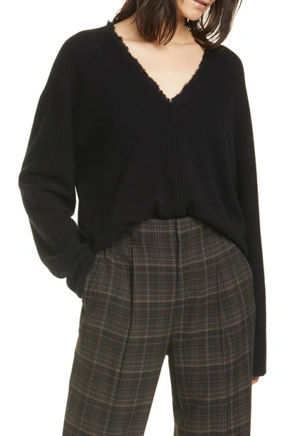 Shop Vince Fringe V-neck Cashmere Sweater In Black