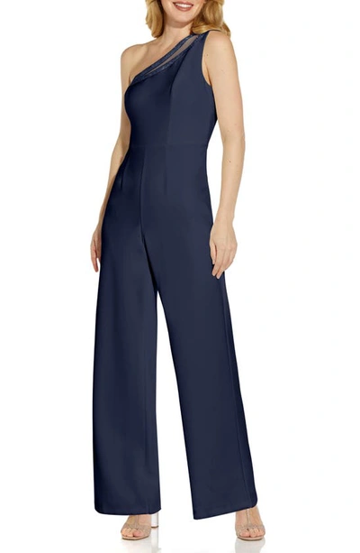 Shop Adrianna Papell Beaded One-shoulder Crepe Jumpsuit In Midnight