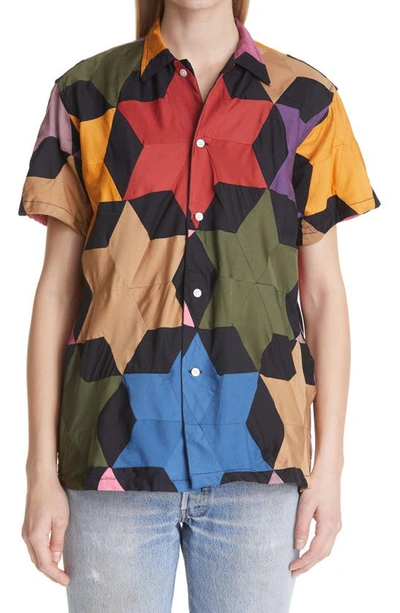 Shop Bode Rainbow Star Quilt Short Sleeve Button-up Shirt In Black Multi