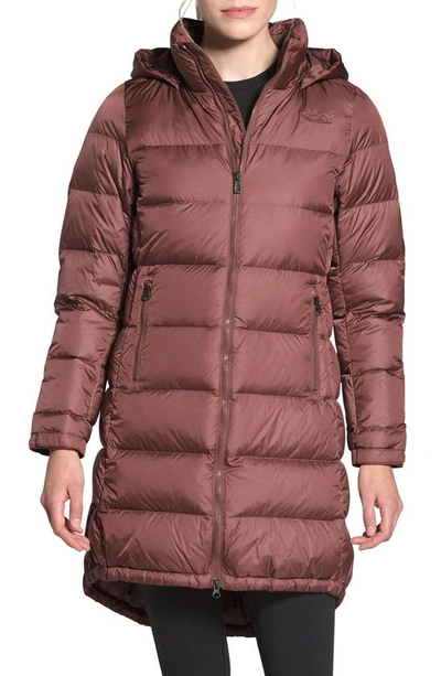 Shop The North Face Metropolis Iii Water Repellent 550 Fill Power Down Hooded Parka In Marron Purple