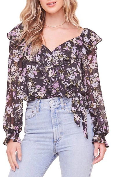 Shop Astr Persephonne Floral Ruffle Bodysuit In Blk-lilac Multi Floral