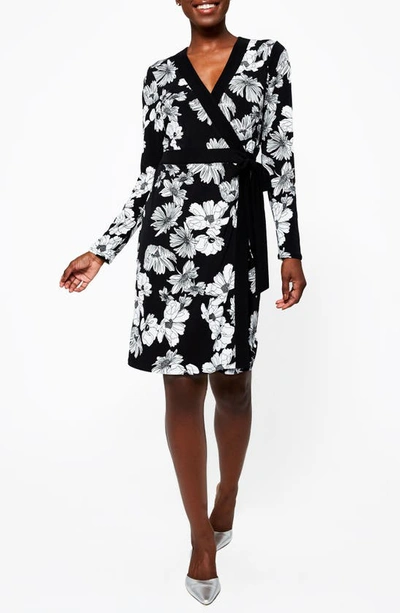 Shop Leota Kara Sequin Long Sleeve Faux Wrap Dress In Field Floral Black