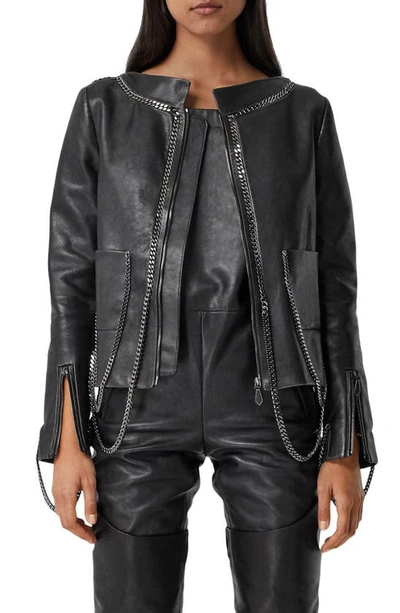 Shop Burberry Draped Chain Leather Jacket In Black