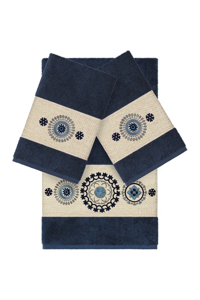 Linum Home Isabell 3-piece Embellished Towel In Midnight Blue