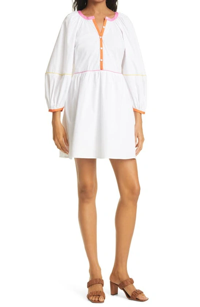 Shop Staud Mini Demi Long Sleeve Stretch Cotton Woven Dress In White Multi New