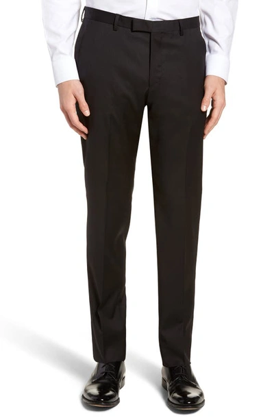 Shop Hugo Boss Lenon Cyl Flat Front Straight Leg Solid Wool Dress Pants In Black