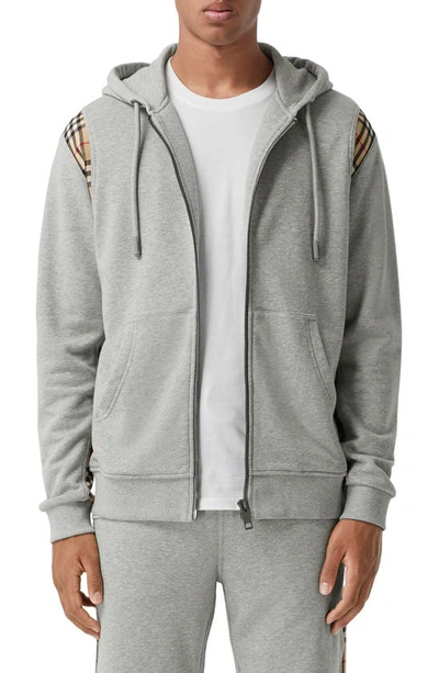 Shop Burberry Check Panel Cotton Hoodie In Pale Grey Melange