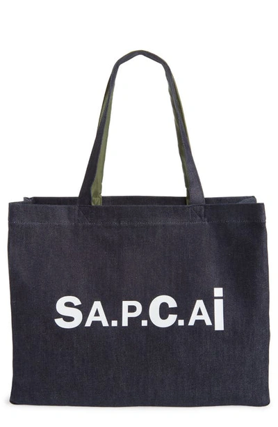 Shop A.p.c. X Sacai Candy Logo Reversible Denim Tote In Navy/ Olive Green