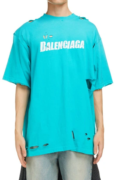 Shop Balenciaga Logo Destroyed Graphic Tee In Turquoise