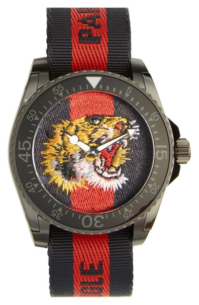 Shop Gucci Tiger Insignia Web Strap Watch, 45mm In Blue/ Red/ Blue