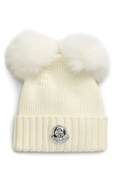 Shop Moncler Berretto Wool Beanie With Genuine Fox Fur Poms In White
