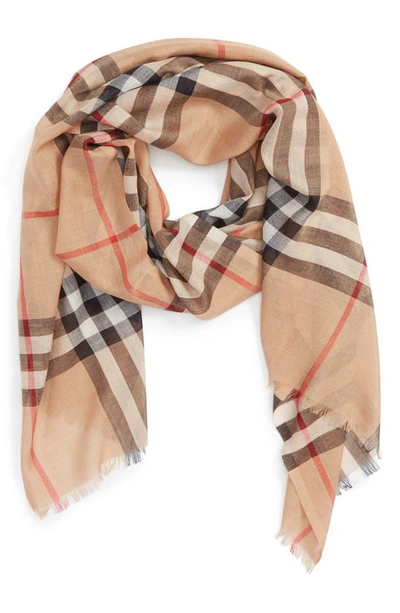 Shop Burberry Giant Check Print Wool & Silk Scarf In Camel Check