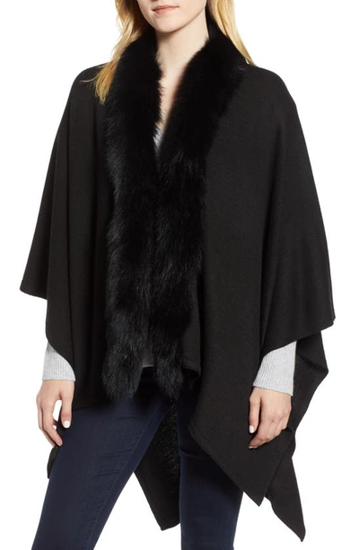 Shop La Fiorentina Wool Blend Wrap With Genuine Fox Fur Trim In Black