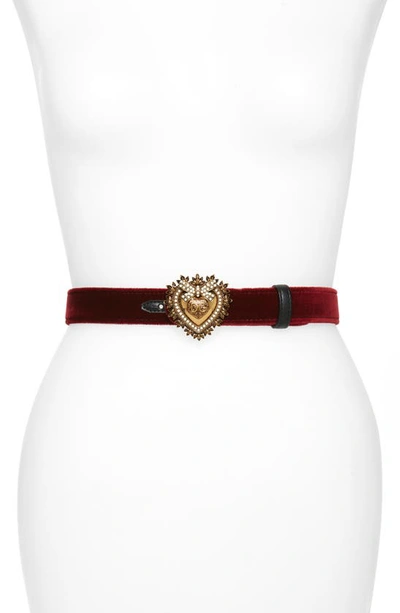Shop Dolce & Gabbana Devotion Logo Heart Buckle Velvet Belt In Dark Red
