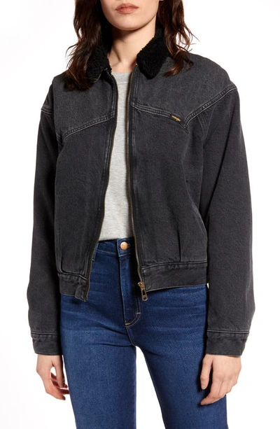 Shop Wrangler '80s Fleece Collar Denim Jacket In Black Stone